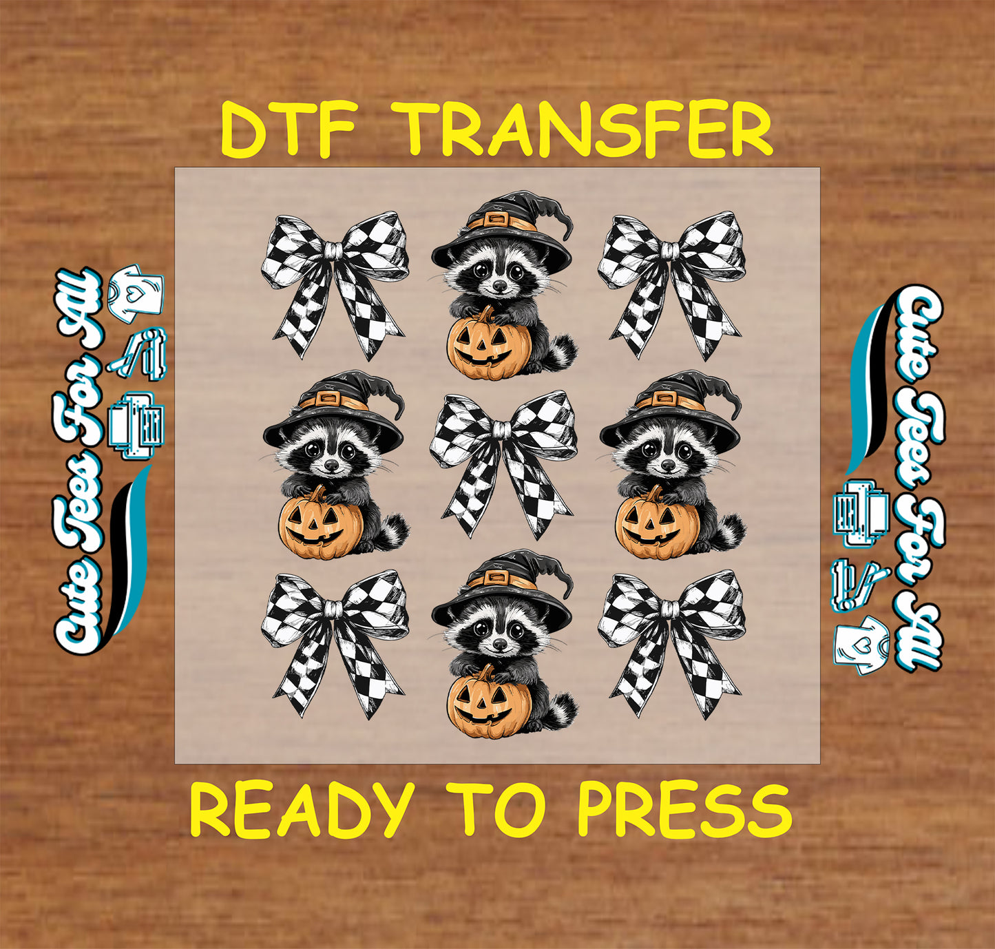 Halloween raccoon with pumpkin and checkered bow DTF transfer sheet ready to press for DIY shirts