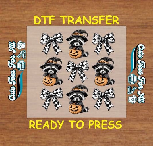 Halloween raccoon with pumpkin and checkered bow DTF transfer sheet ready to press for DIY shirts