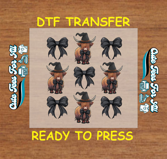 Highland cow in witch hat with black bow Halloween DTF transfer sheet ready to press for DIY shirts