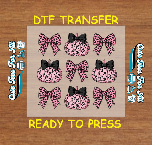Pink leopard pumpkin with black bow Halloween DTF transfer sheet ready to press for DIY shirts