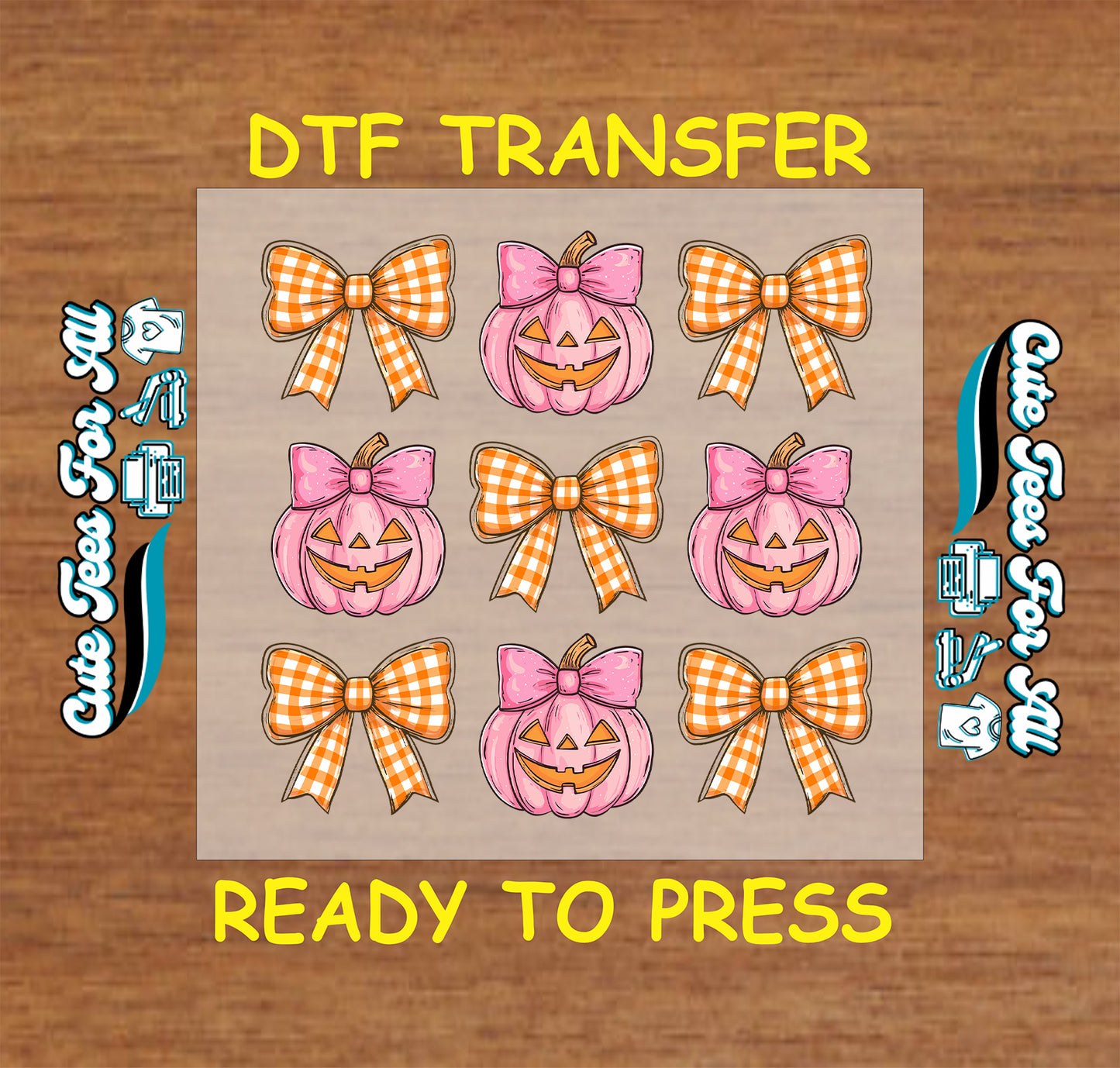 Pink pumpkin with bow and orange gingham ribbon Halloween ready to press DTF transfer for DIY shirts