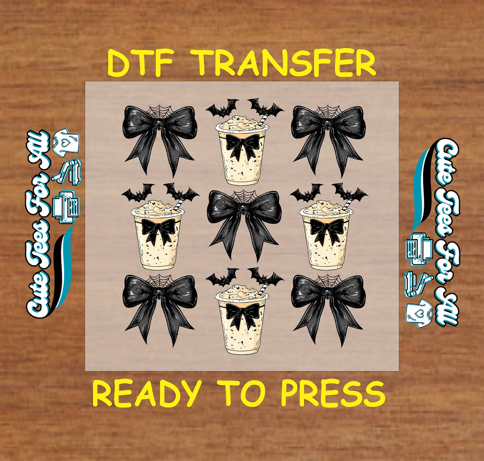 Halloween coffee cup with whipped cream, black bow, bats and spider web ready to press DTF transfer for DIY shirts