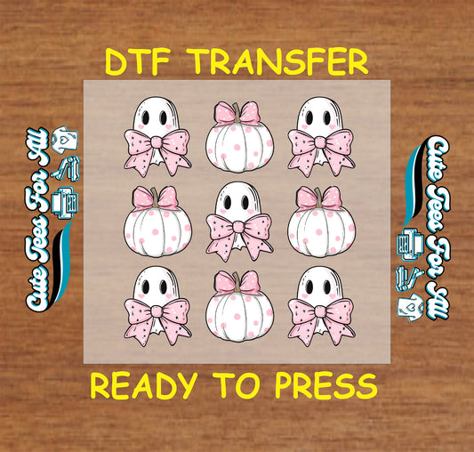 Cute ghost and polka dot pumpkin with pink bow ready to press Halloween DTF transfer for DIY shirts