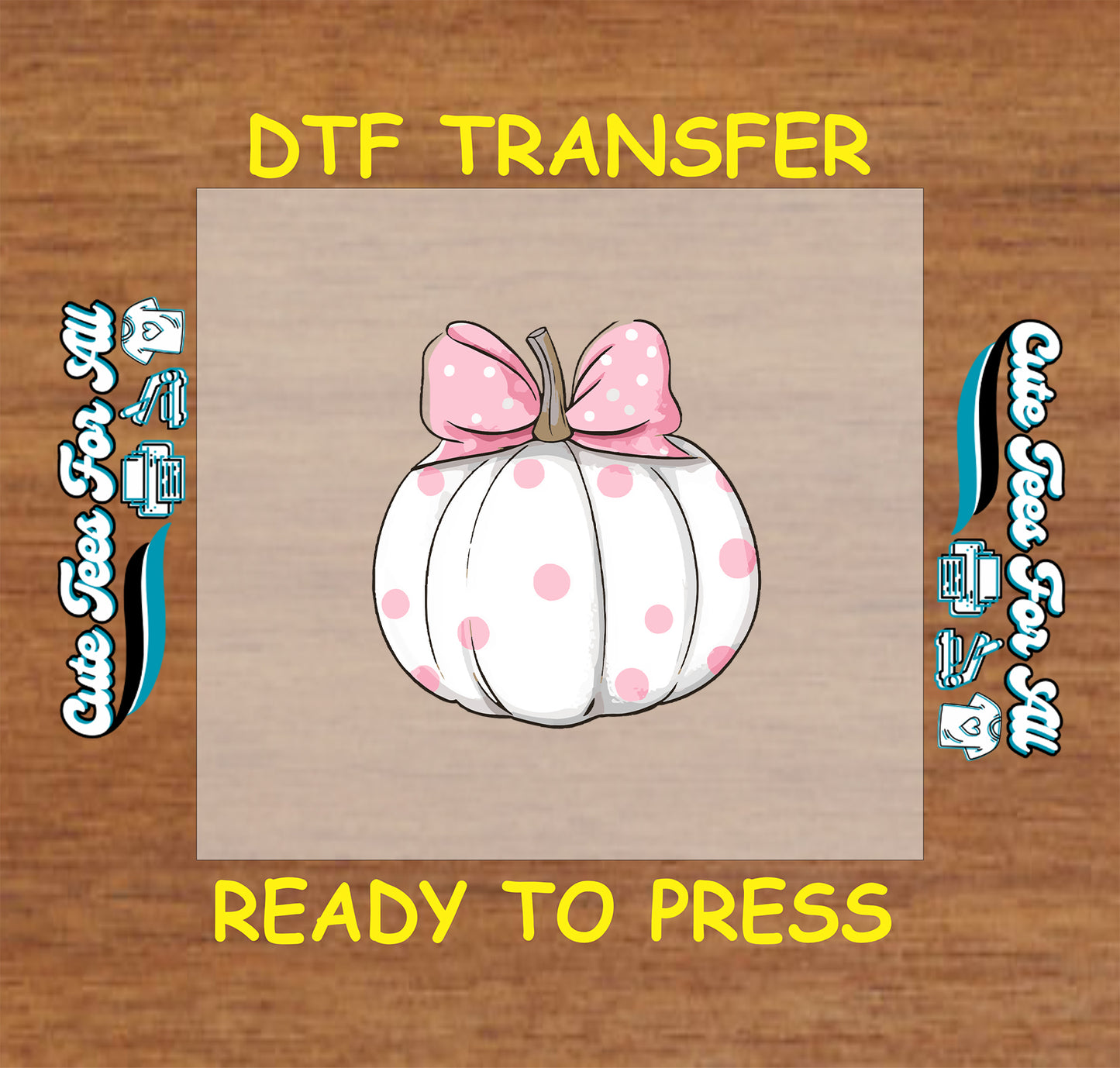 White polka dot pumpkin with pink bow Halloween ready to press DTF transfer for DIY shirts