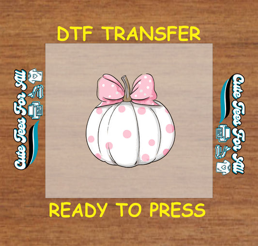 White polka dot pumpkin with pink bow Halloween ready to press DTF transfer for DIY shirts