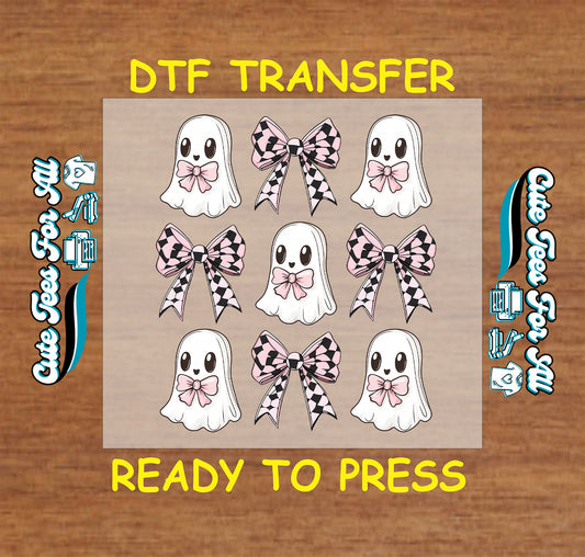 Cute ghost with pink bow and black checkered ribbon Halloween ready to press DTF transfer for DIY shirts