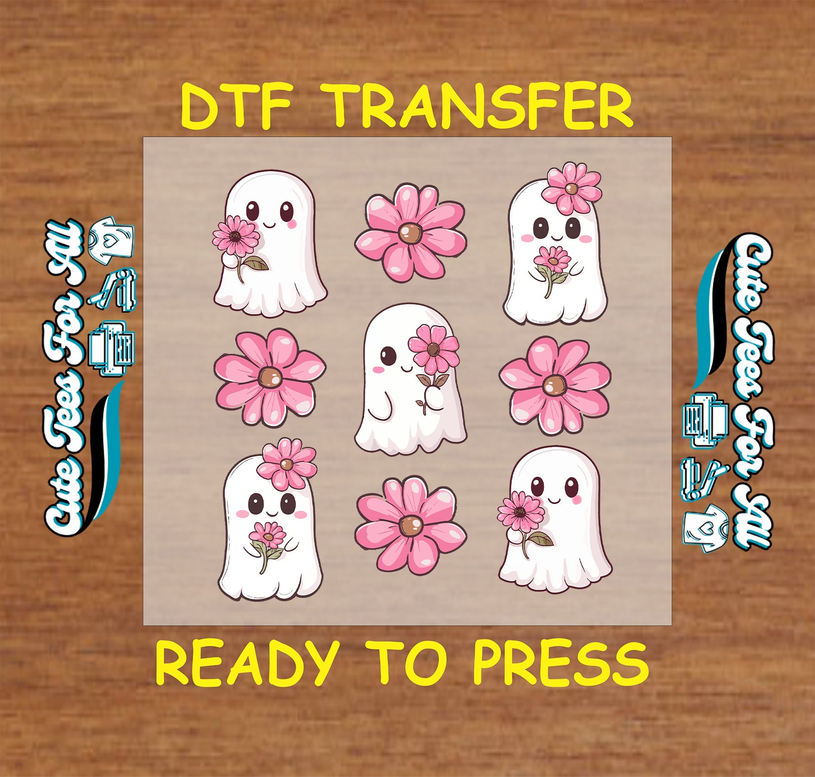 Cute ghost with pink flowers Halloween ready to press DTF transfer for DIY shirts