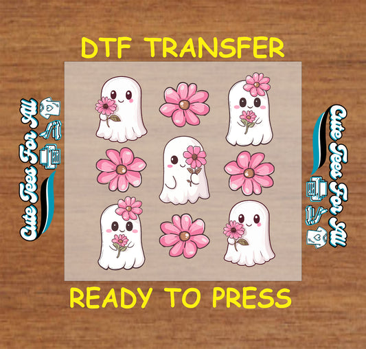 Cute ghost with pink flowers Halloween ready to press DTF transfer for DIY shirts