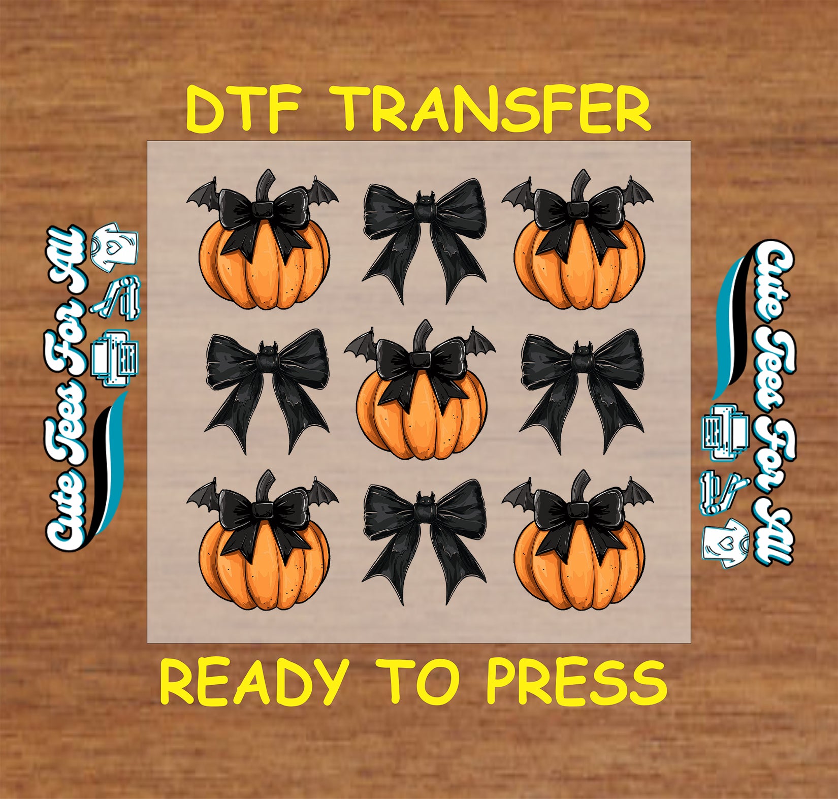 Orange pumpkin with black bow and bat wings Halloween ready to press DTF transfer for DIY shirts