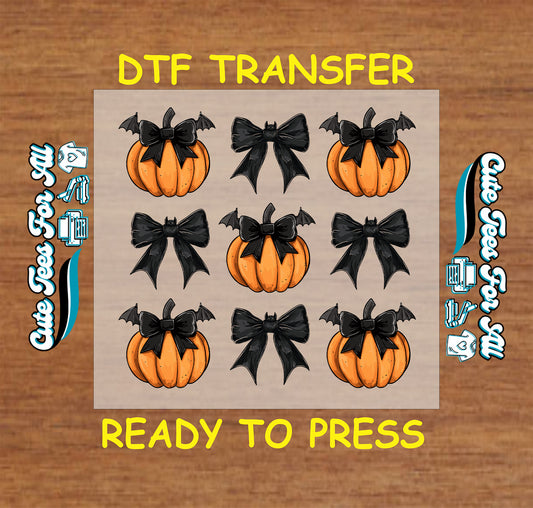 Orange pumpkin with black bow and bat wings Halloween ready to press DTF transfer for DIY shirts