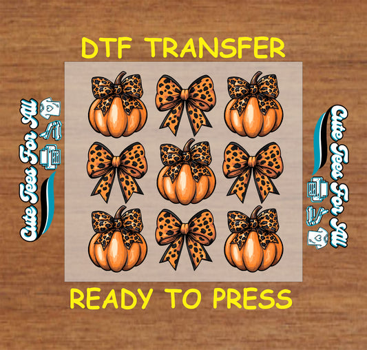 Orange pumpkin with leopard print bow Halloween ready to press DTF transfer for DIY shirts
