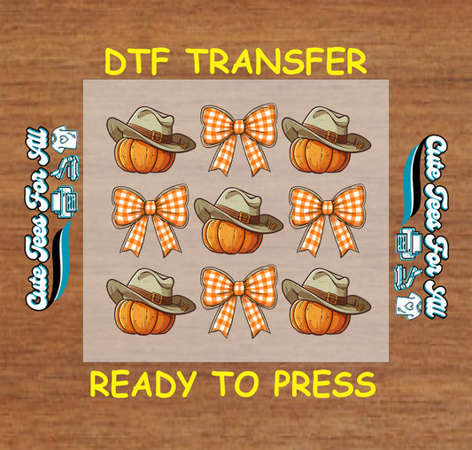 Pumpkin with cowboy hat and orange gingham bow fall ready to press DTF transfer for DIY shirts