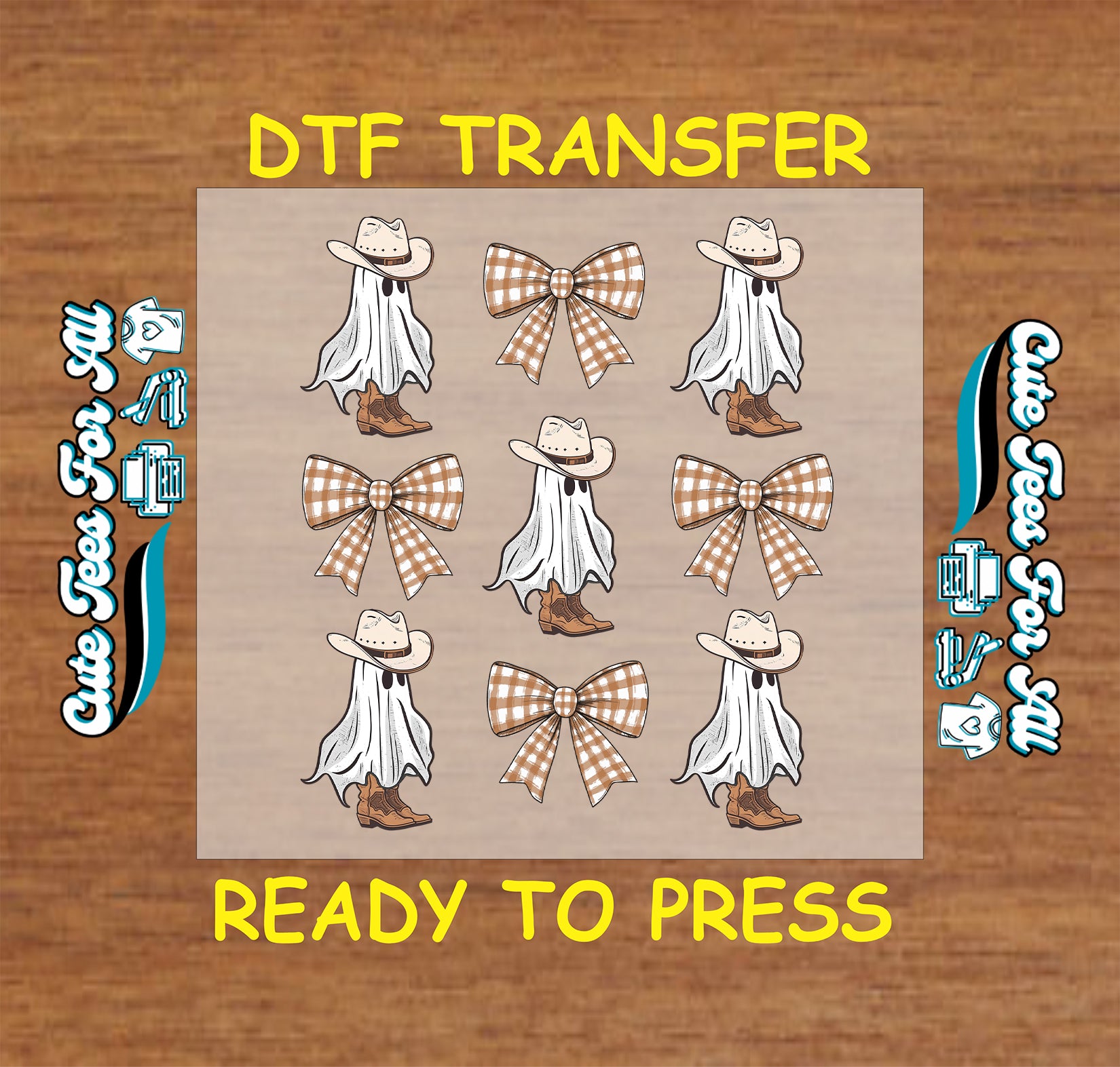 Cowboy ghost with hat and boots and brown gingham bow Halloween ready to press DTF transfer for DIY shirts