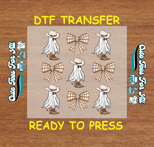 Cowboy ghost with hat and boots and brown gingham bow Halloween ready to press DTF transfer for DIY shirts