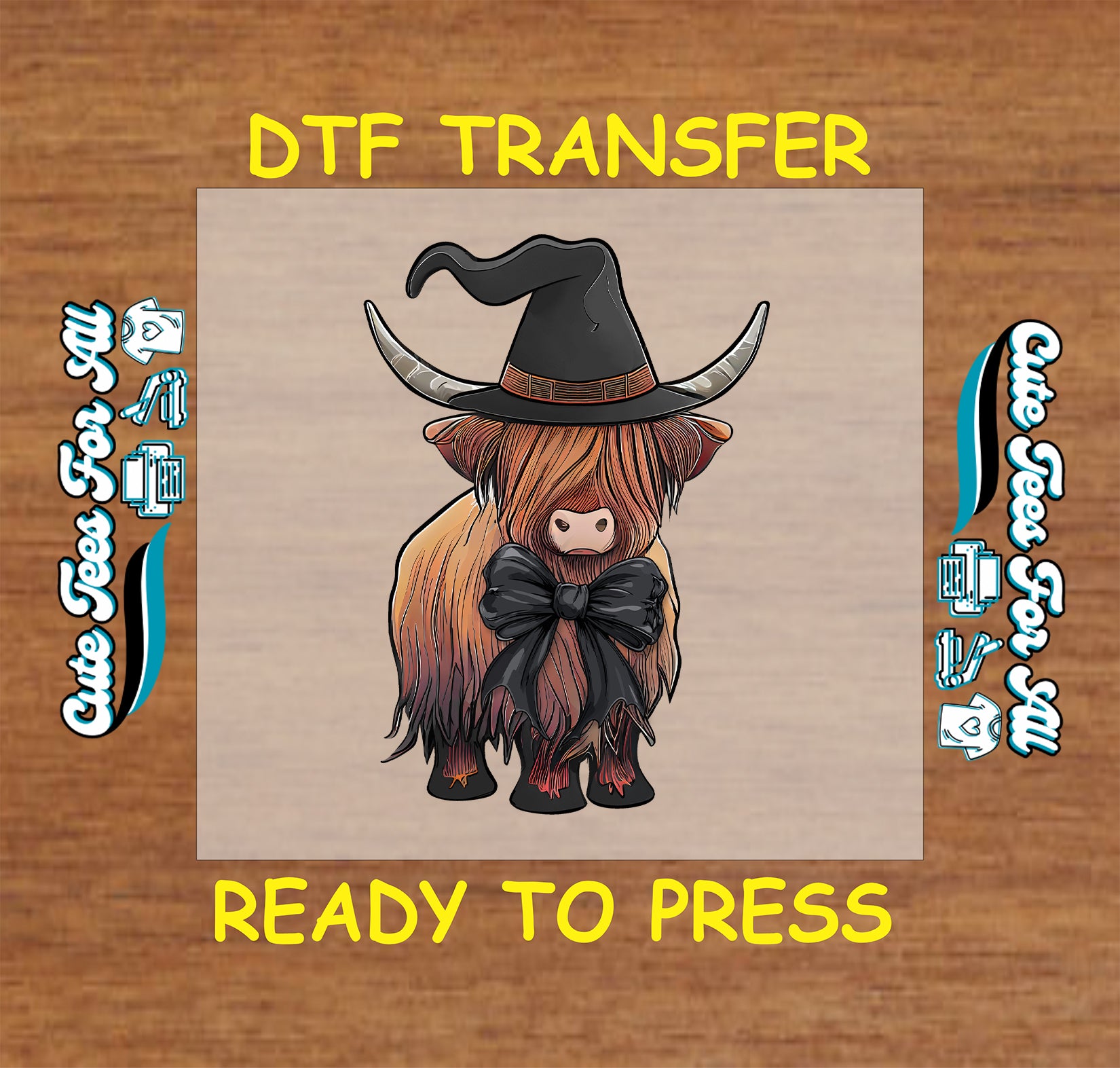 Highland cow with witch hat and black bow Halloween ready to press DTF transfer for DIY shirts