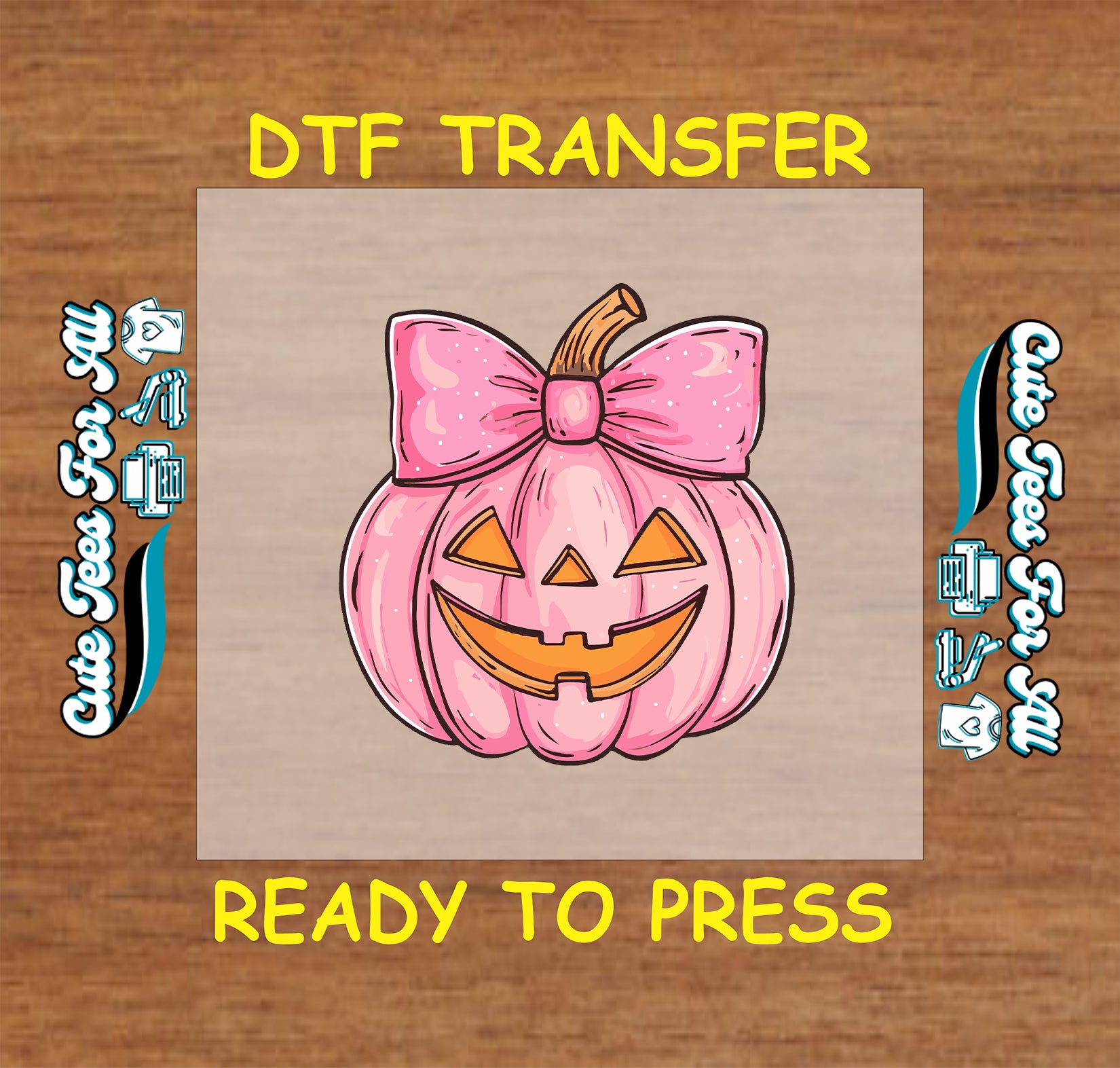 Pink jack o’lantern pumpkin with bow Halloween ready to press DTF transfer for DIY shirts