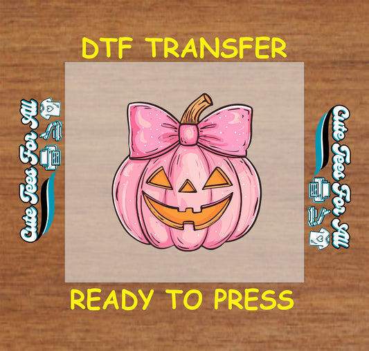 Pink jack o’lantern pumpkin with bow Halloween ready to press DTF transfer for DIY shirts