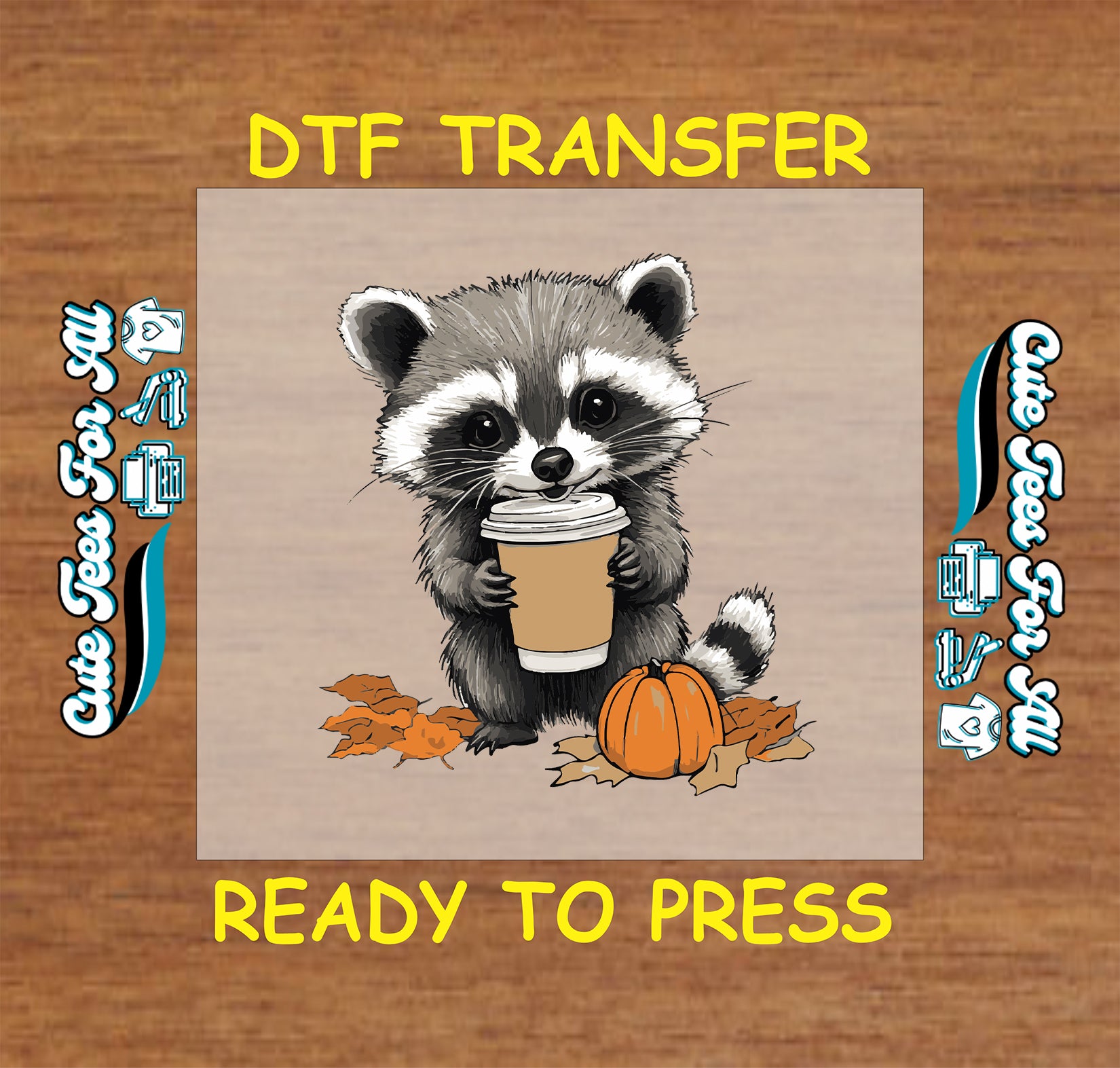 Cute raccoon holding coffee cup with pumpkin and fall leaves ready to press DTF transfer for DIY shirts