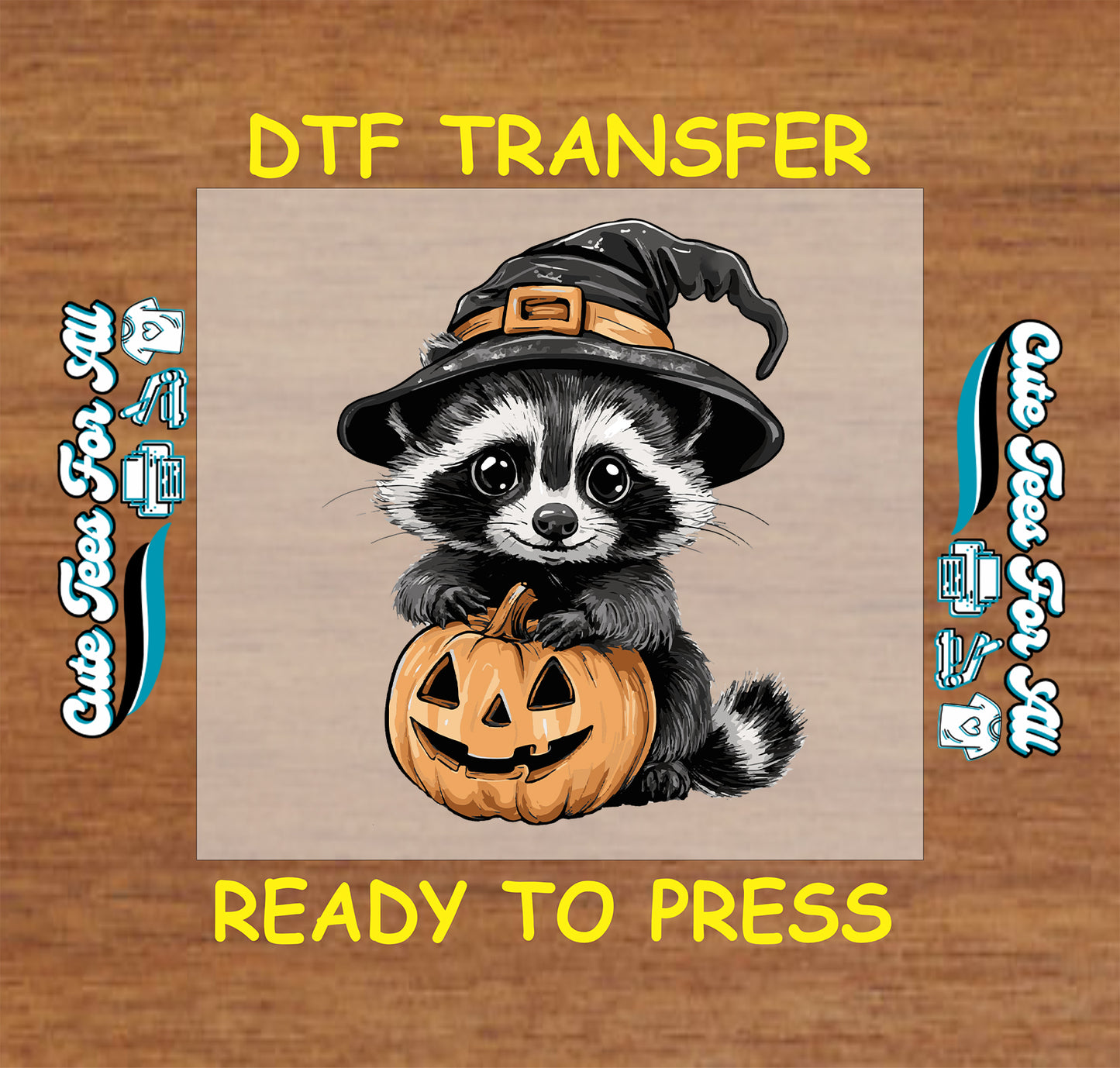Cute raccoon with witch hat holding jack o’lantern pumpkin ready to press Halloween DTF transfer for DIY shirts