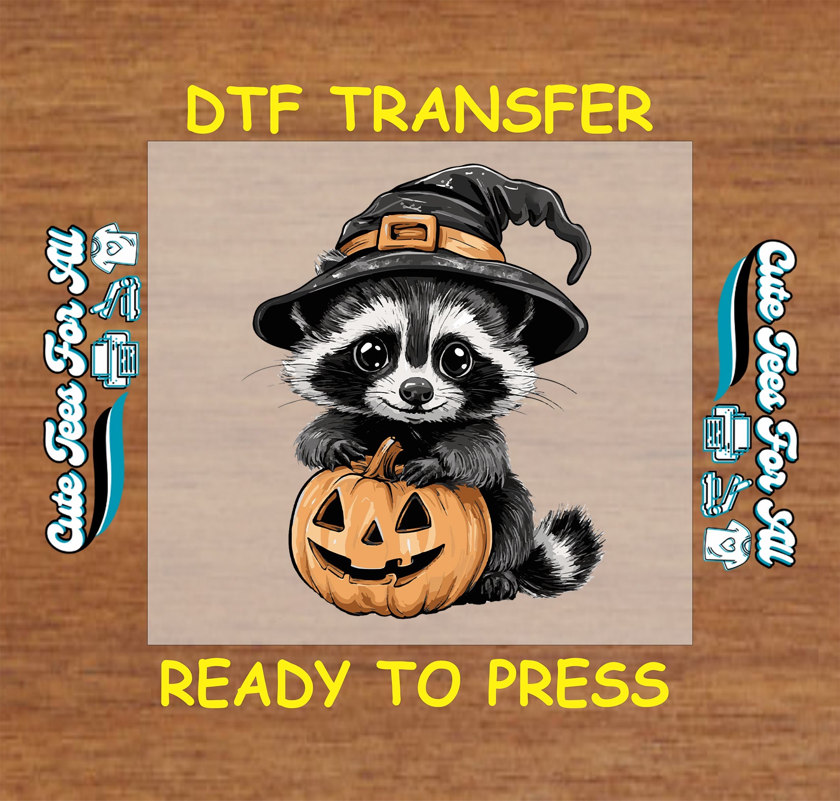 Cute raccoon with witch hat holding jack o’lantern pumpkin ready to press Halloween DTF transfer for DIY shirts