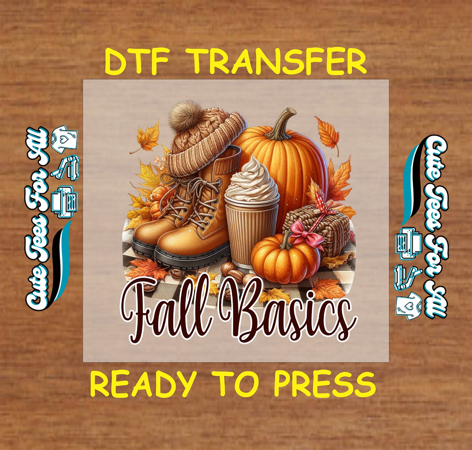 Fall Basics ready to press dtf transfer with pumpkins, boots, knit hat, coffee cup, and autumn leaves