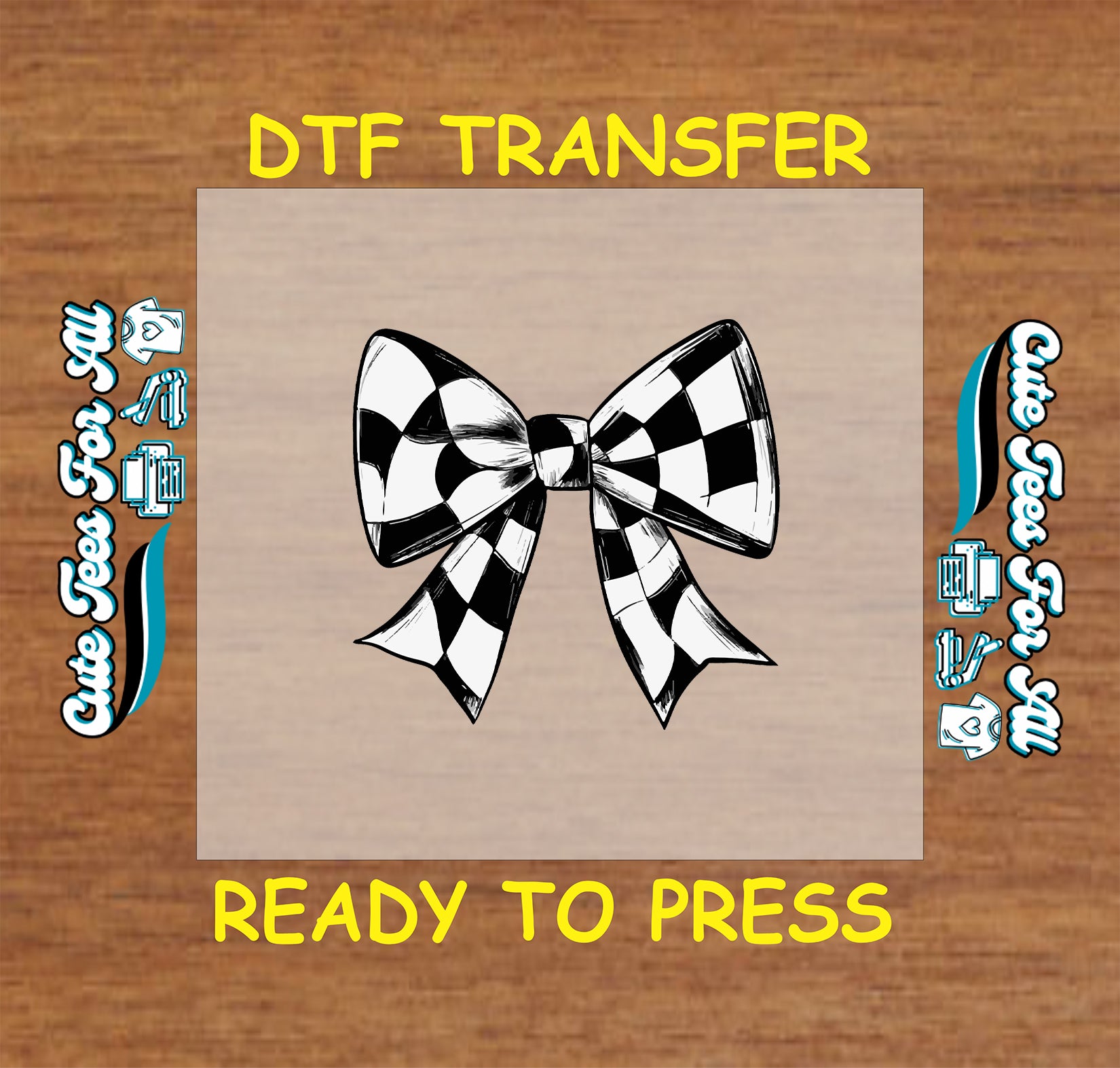 Checkerboard bow ready to press dtf transfer black and white bow graphic