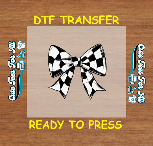 Checkerboard bow ready to press dtf transfer black and white bow graphic