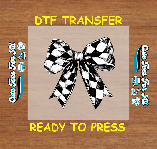Large checkerboard bow ready to press dtf transfer in black and white