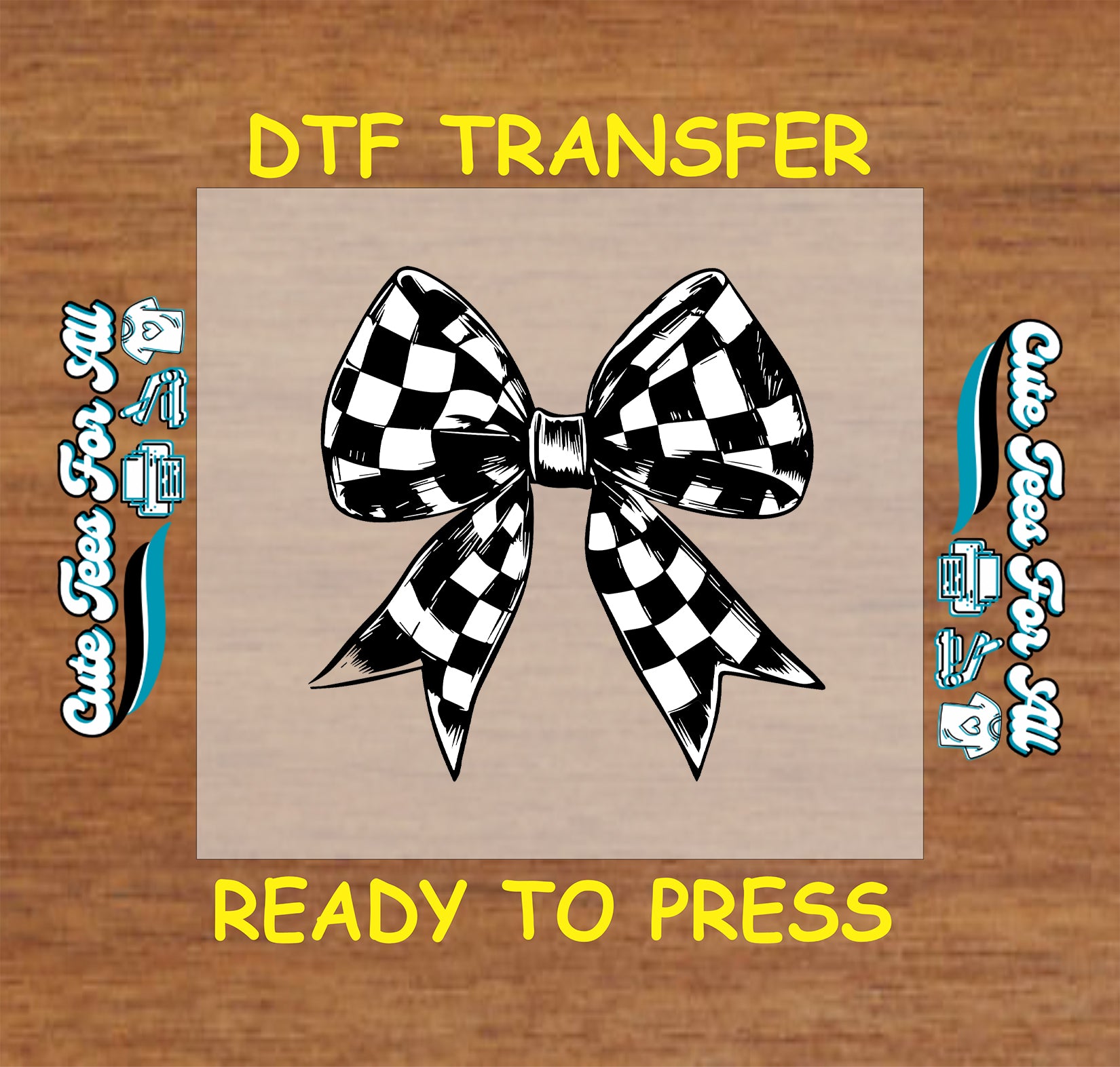 Classic checkerboard bow ready to press dtf transfer black and white
