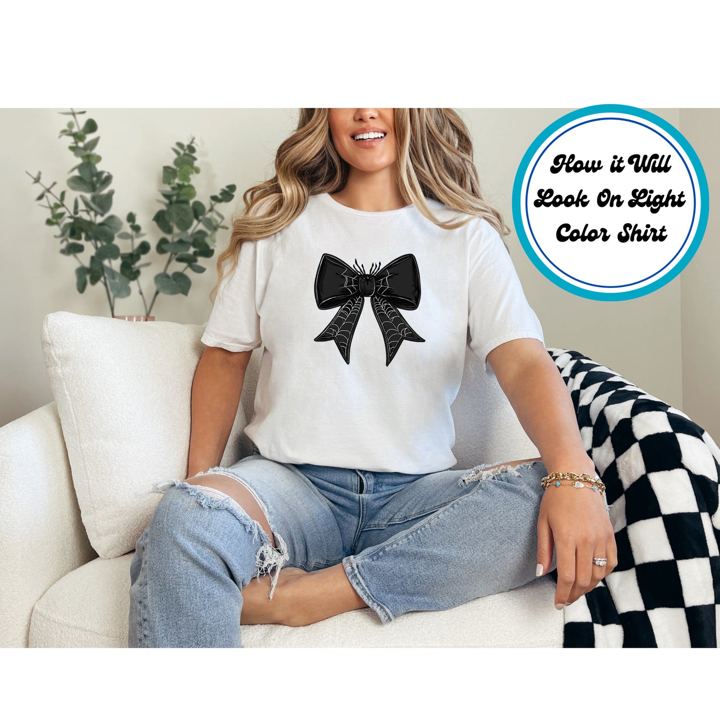Halloween DTF Transfer – Black Bow with Spider and Web Accents Ready to Press Iron On Heat Transfer for DIY Shirts 11491