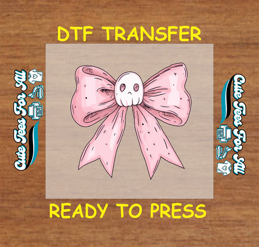 Halloween pink bow with skull center ready to press dtf transfer