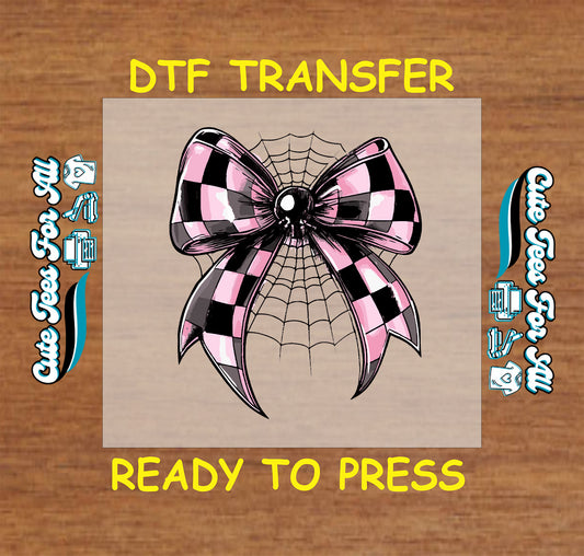 Halloween pink and black checkered bow with spiderweb ready to press dtf transfer