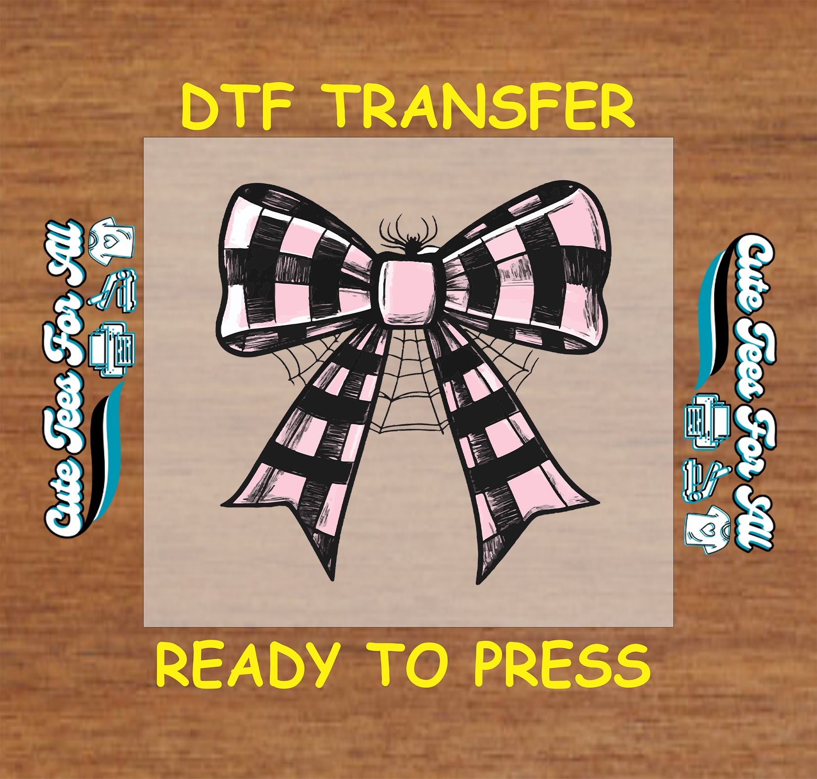 Halloween pink and black checkered bow with spider and web ready to press dtf transfer