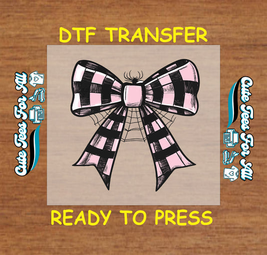 Halloween pink and black checkered bow with spider and web ready to press dtf transfer