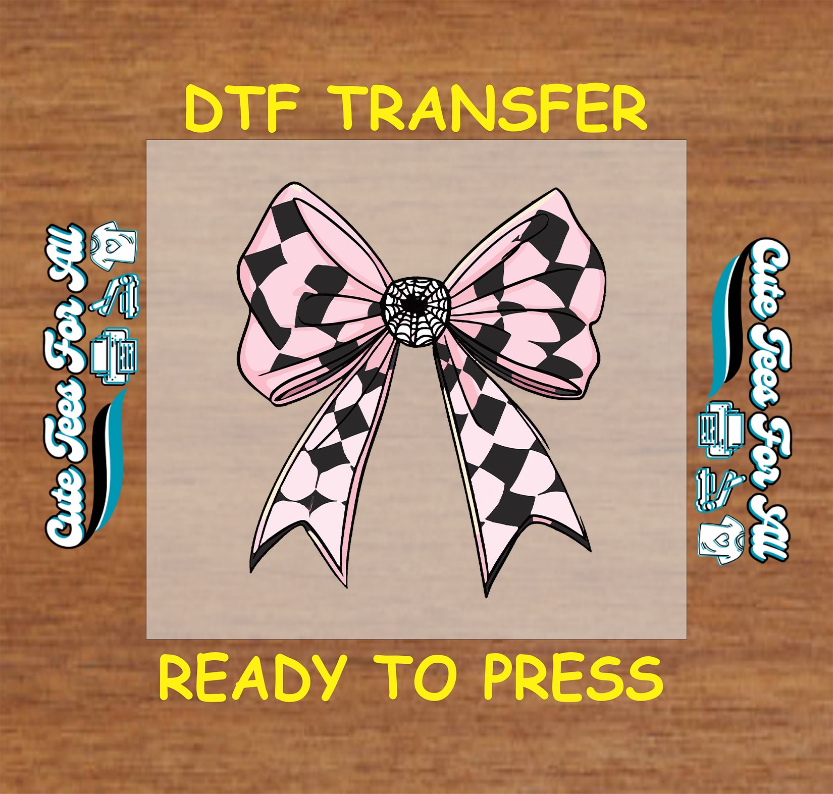 Halloween pink and black harlequin check bow with spiderweb center ready to press dtf transfer