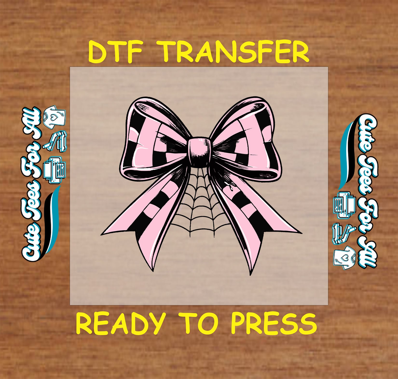 Halloween pink and black checker bow with spiderweb accent ready to press dtf transfer