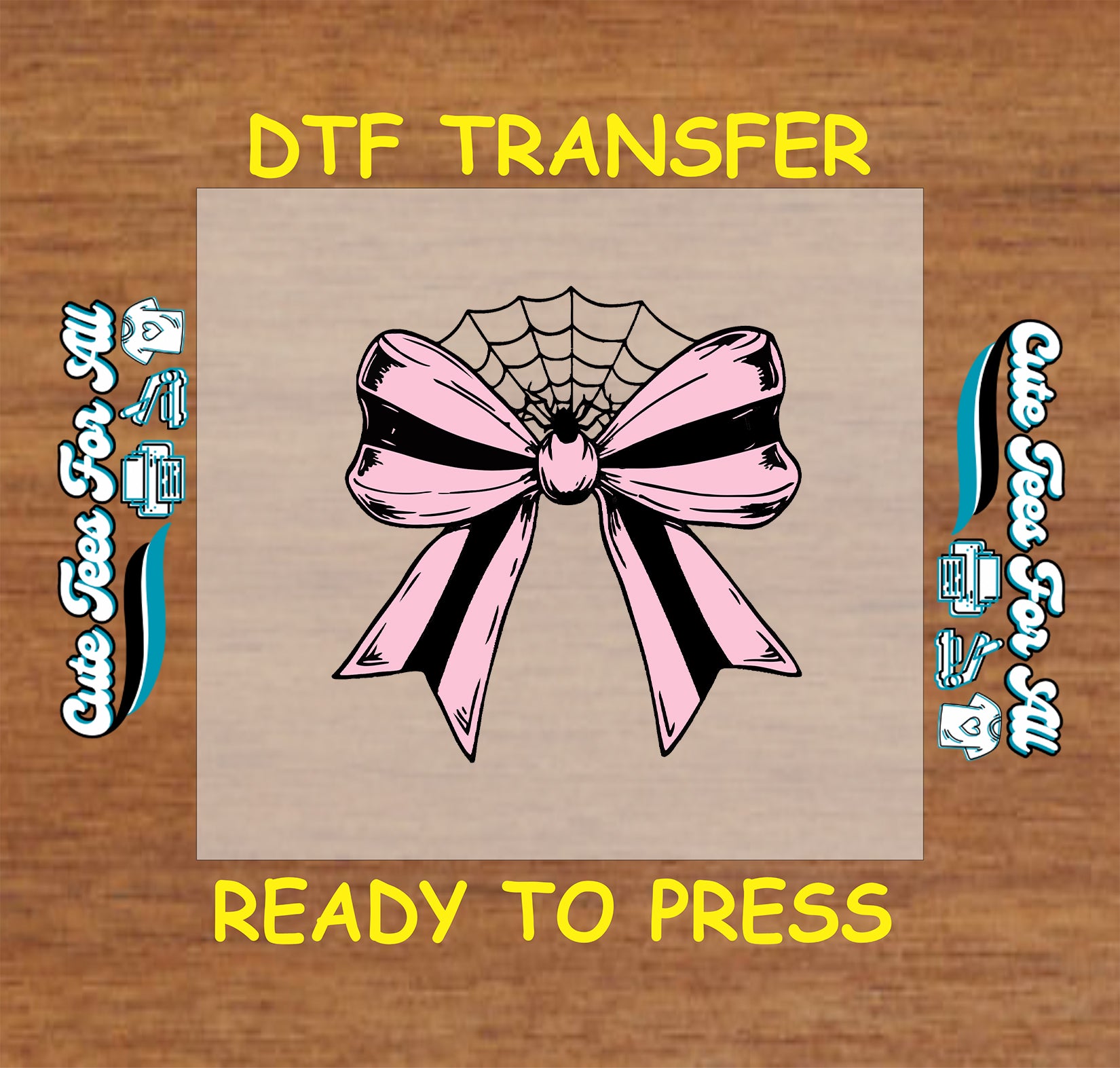 Halloween pink and black striped bow with spiderweb center ready to press dtf transfer