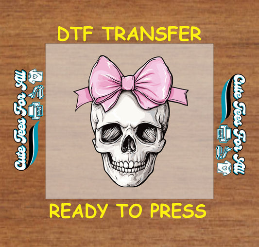 Halloween skull with pink bow creepy cute ready to press dtf transfer