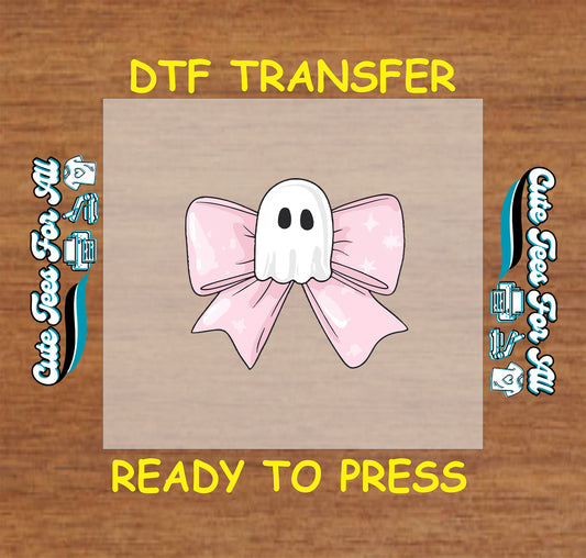 Halloween ghost with pink bow creepy cute ready to press dtf transfer