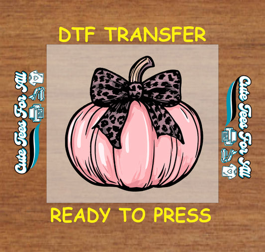 Halloween pink pumpkin with leopard print bow ready to press dtf transfer