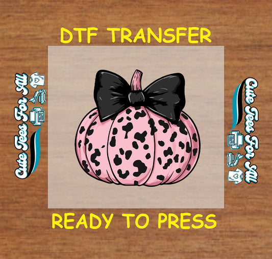Halloween pink leopard print pumpkin with black bow ready to press dtf transfer