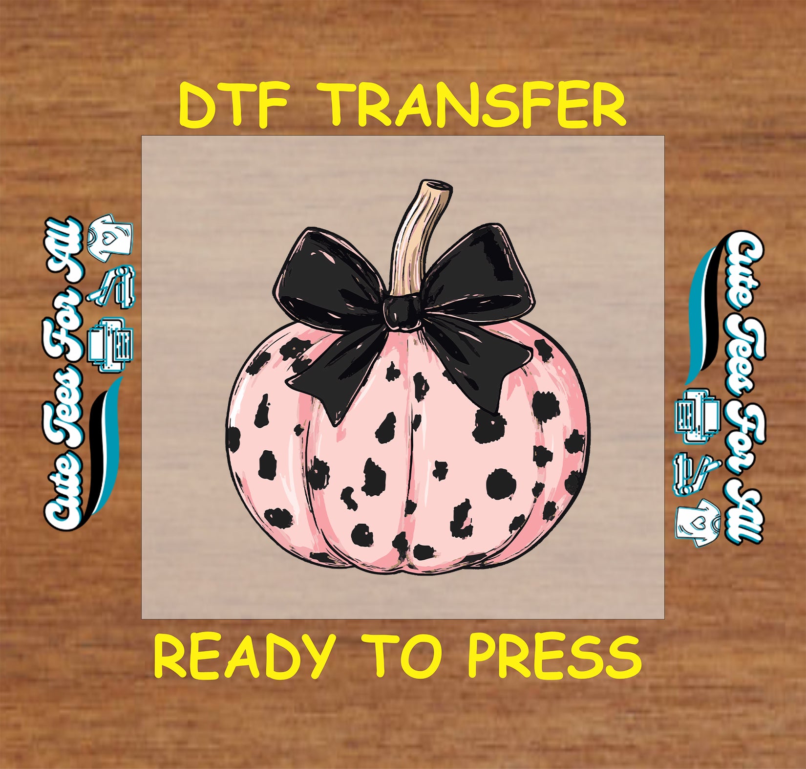 pink leopard pumpkin with black bow ready to press dtf transfer for halloween shirts