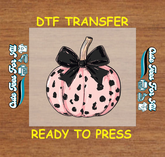 pink leopard pumpkin with black bow ready to press dtf transfer for halloween shirts