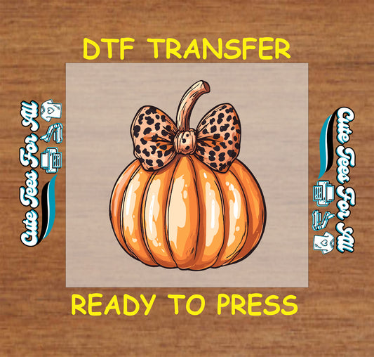 orange pumpkin with leopard print bow ready to press dtf transfer for halloween shirts