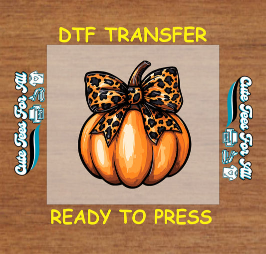 orange pumpkin with leopard print bow ready to press dtf transfer for halloween diy shirts