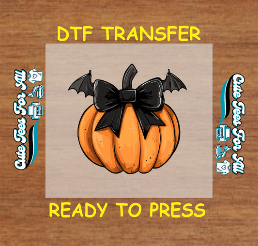 orange pumpkin with black bow and bat wings ready to press dtf transfer for halloween diy shirts