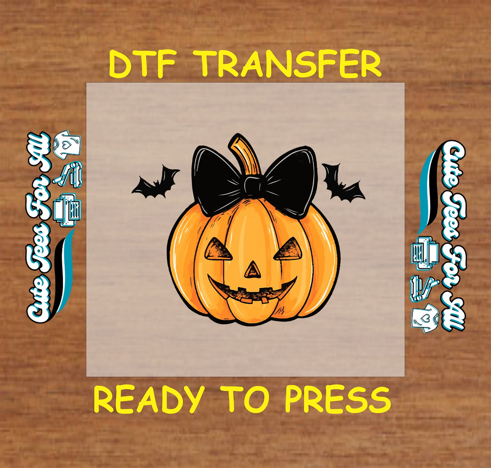 halloween jack o lantern pumpkin with black bow and bats ready to press dtf transfer for diy shirts