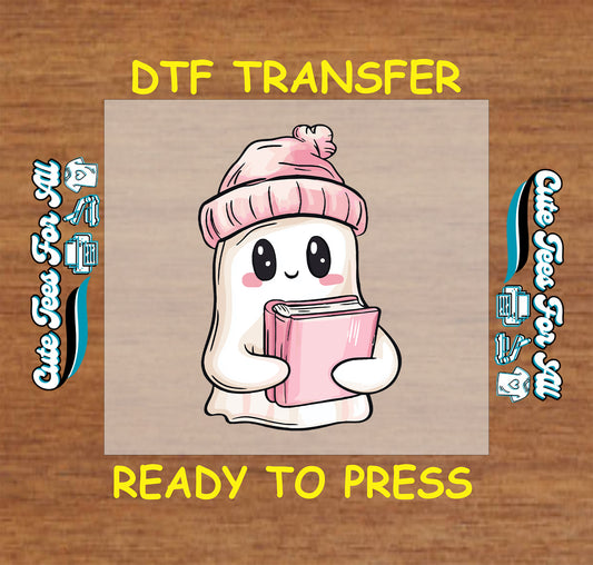 cute halloween ghost with pink beanie and book ready to press dtf transfer for diy shirts