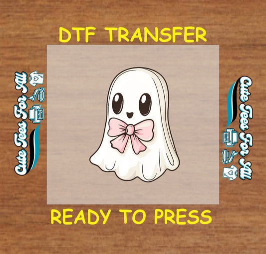 cute halloween smiling ghost with pink bow tie ready to press dtf transfer for diy shirts