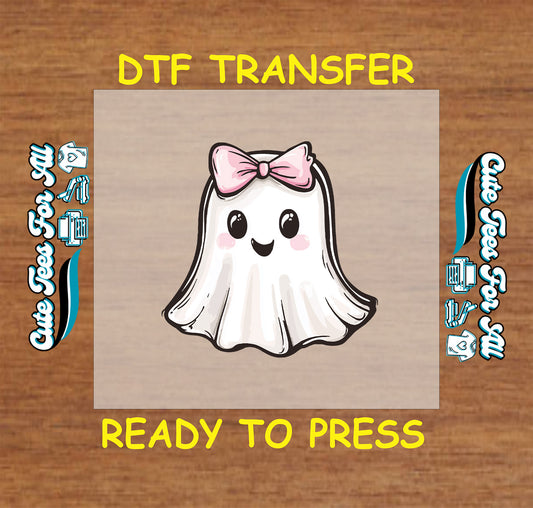Halloween ghost with pink bow ready to press DTF transfer for DIY shirts